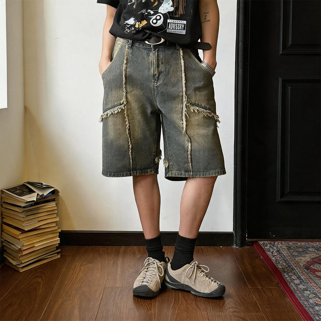 Raw Edge Fringed Distressed Denim Shorts