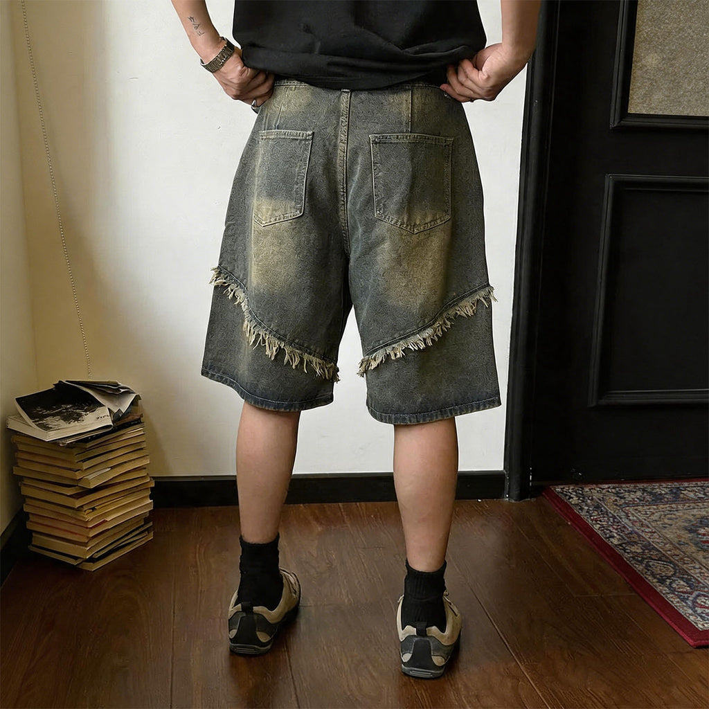 Raw Edge Fringed Distressed Denim Shorts