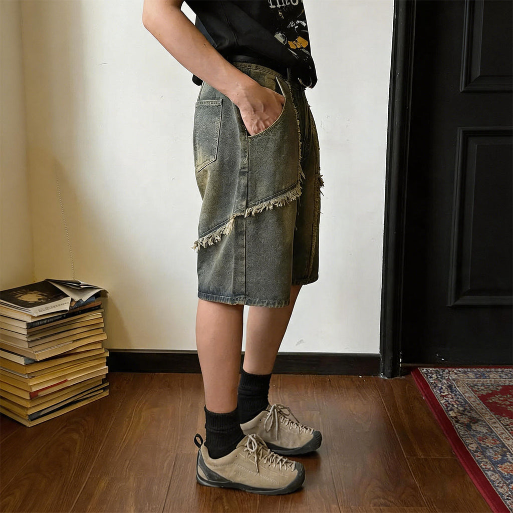 Raw Edge Fringed Distressed Denim Shorts