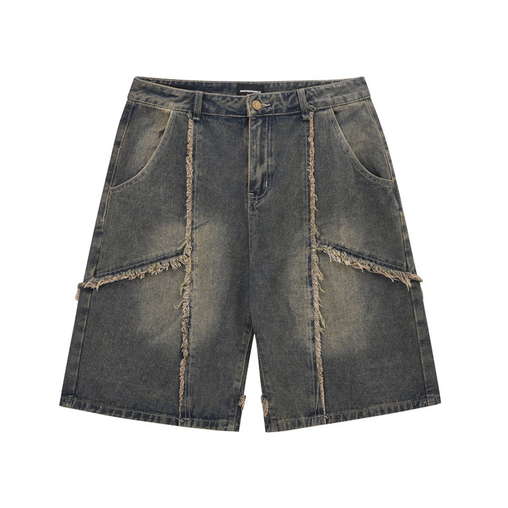 Raw Edge Fringed Distressed Denim Shorts