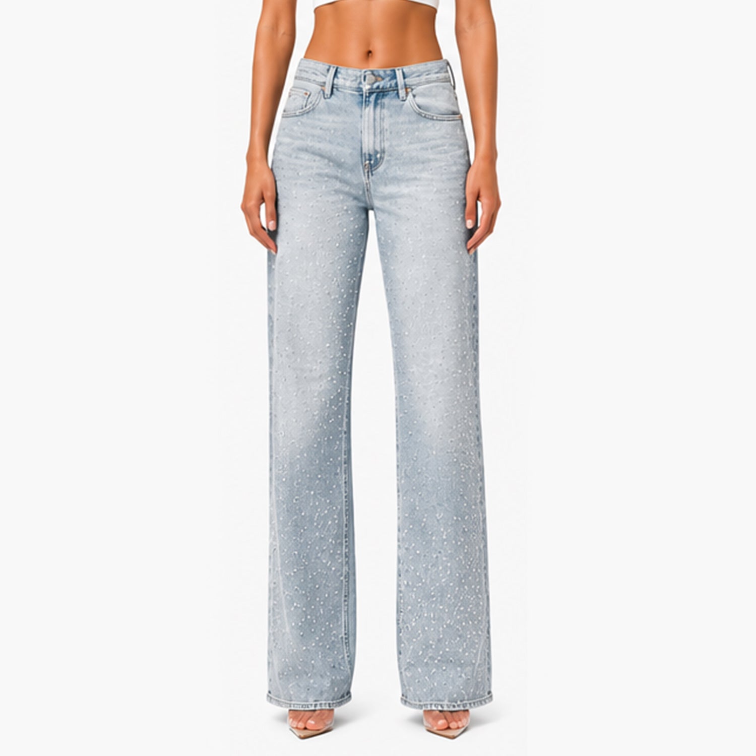 All-Over Rhinestone High-Waist Jeans