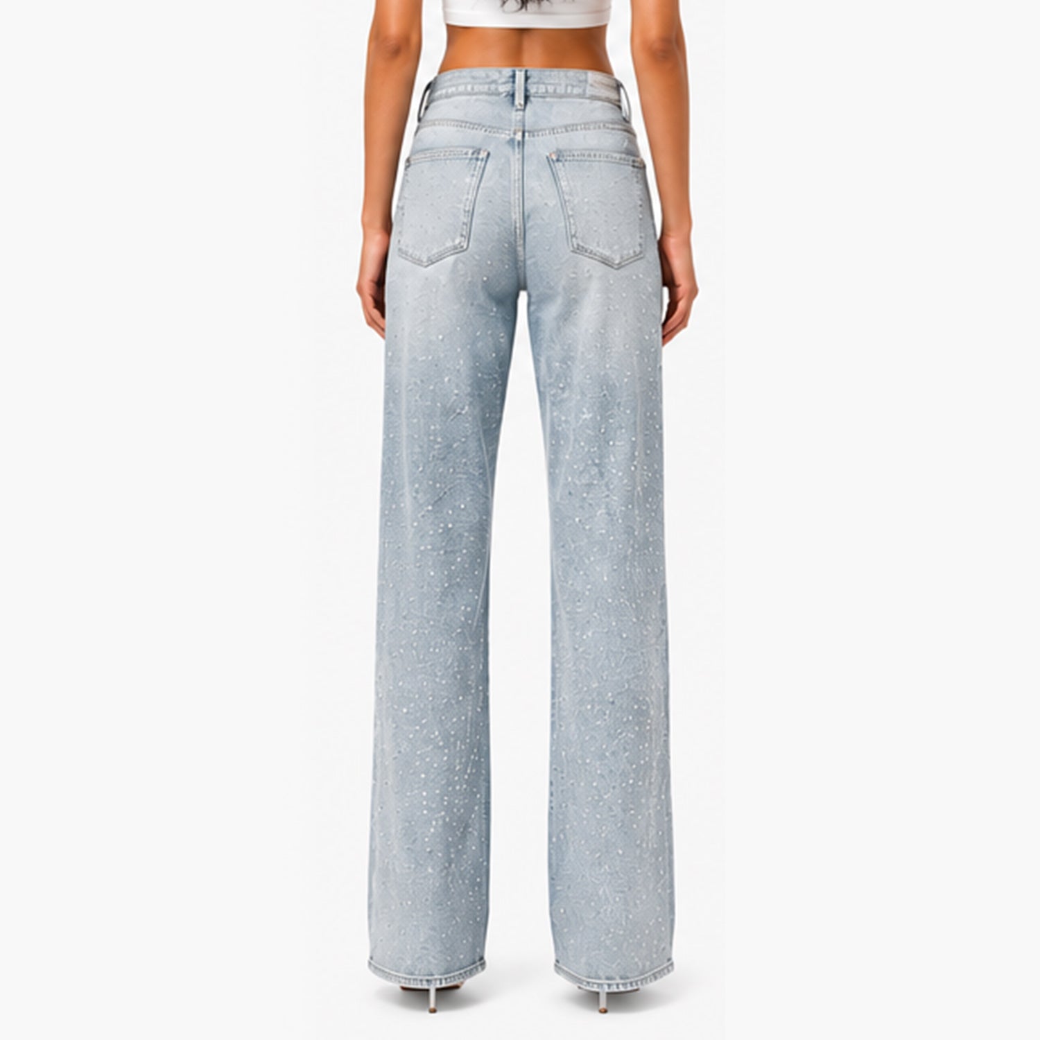 All-Over Rhinestone High-Waist Jeans