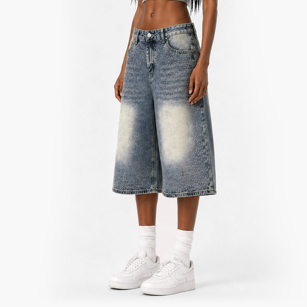 Rhinestone Wide-Leg Denim Culottes