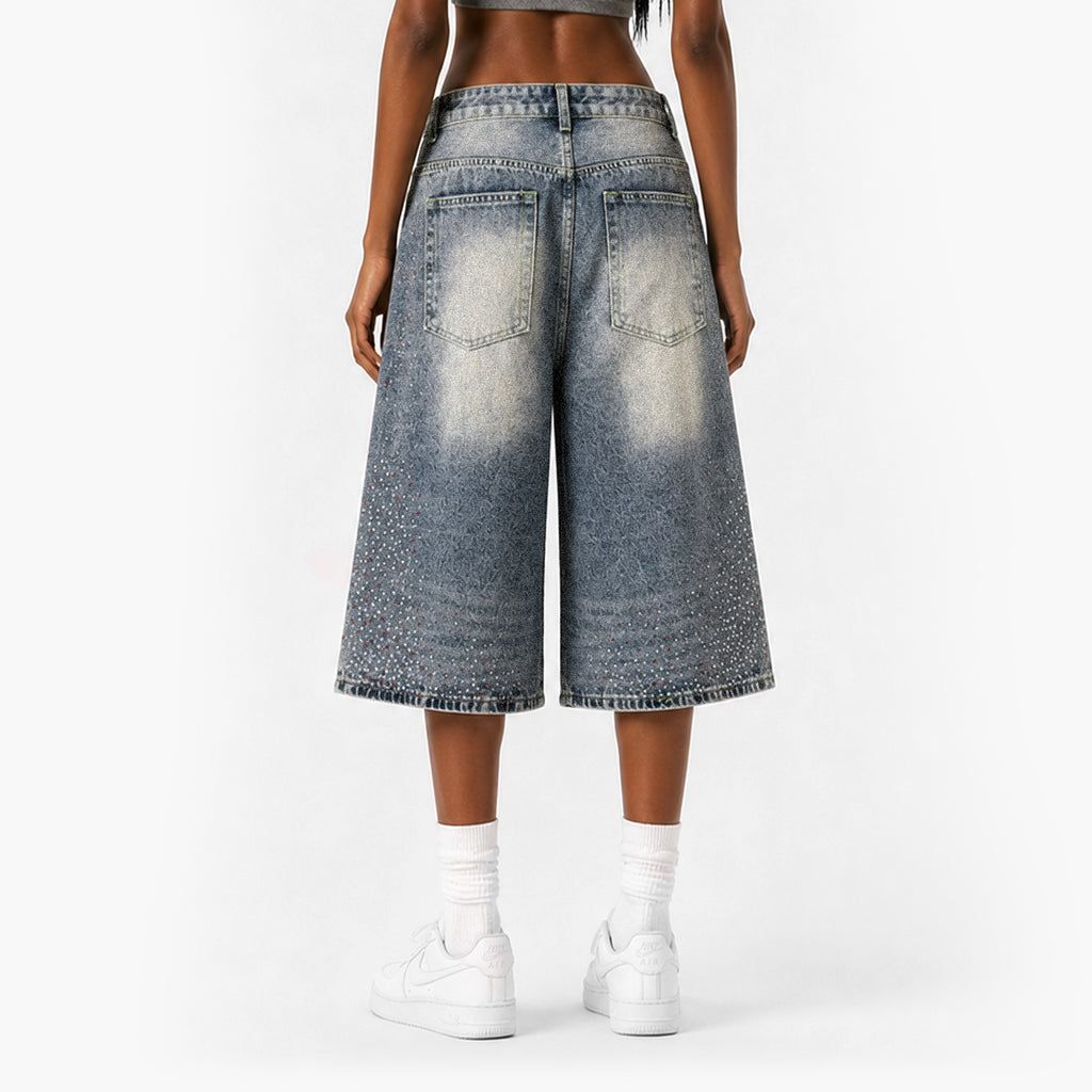 Rhinestone Wide-Leg Denim Culottes
