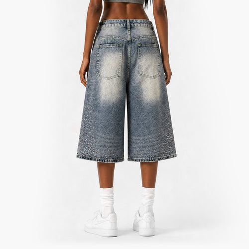 Rhinestone Wide-Leg Denim Culottes