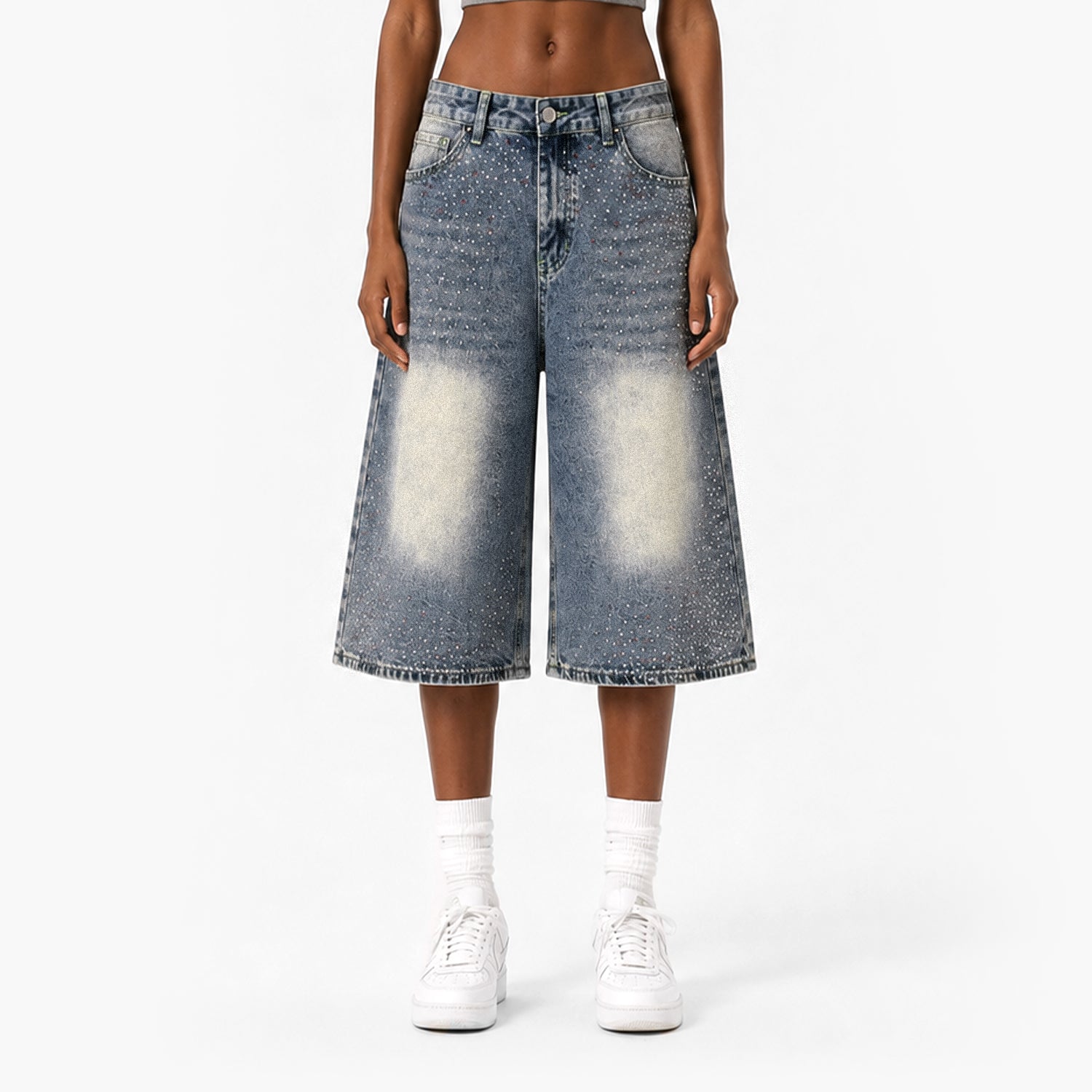 Rhinestone Wide-Leg Denim Culottes
