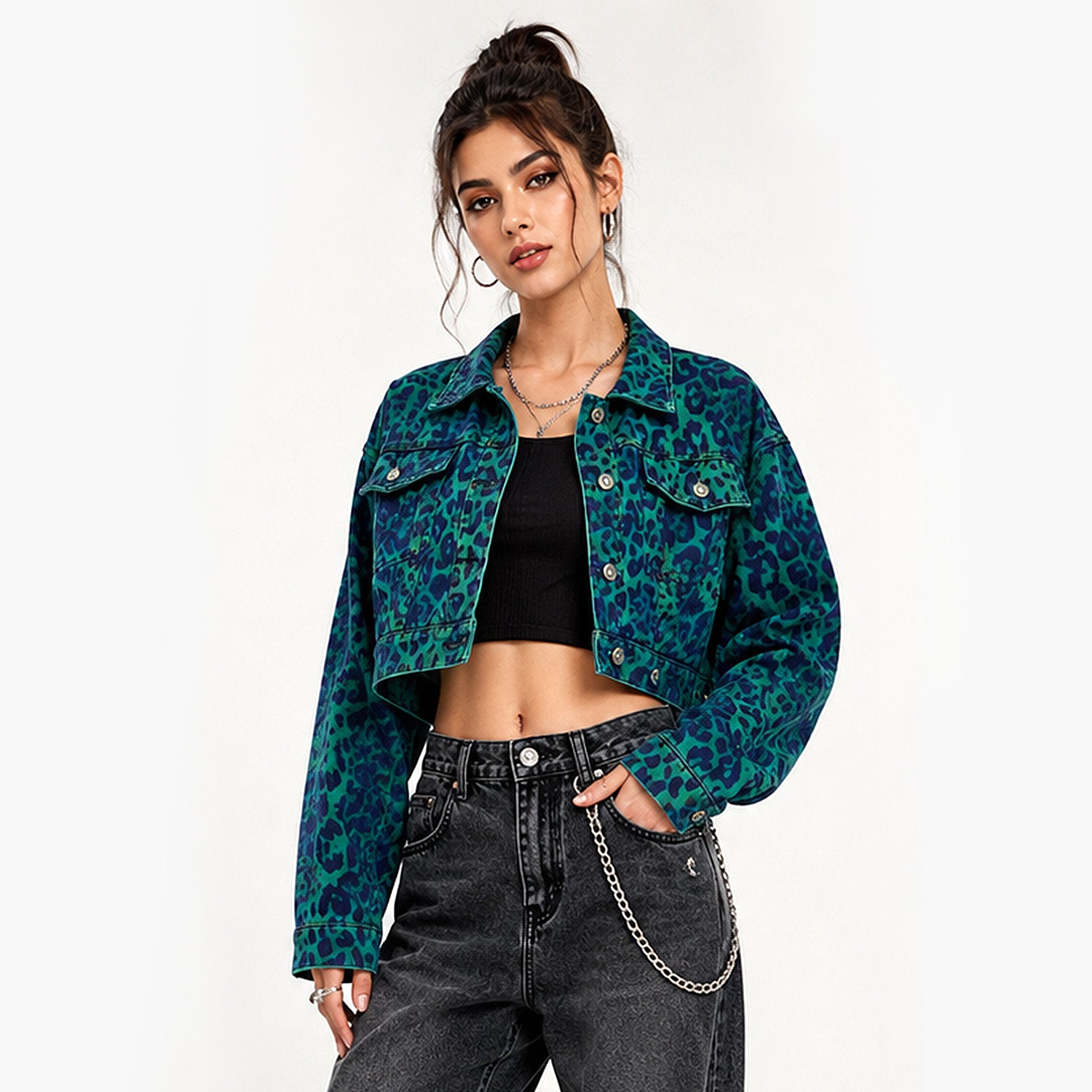The Wild Edge: Leopard Print Cropped Denim Jacket