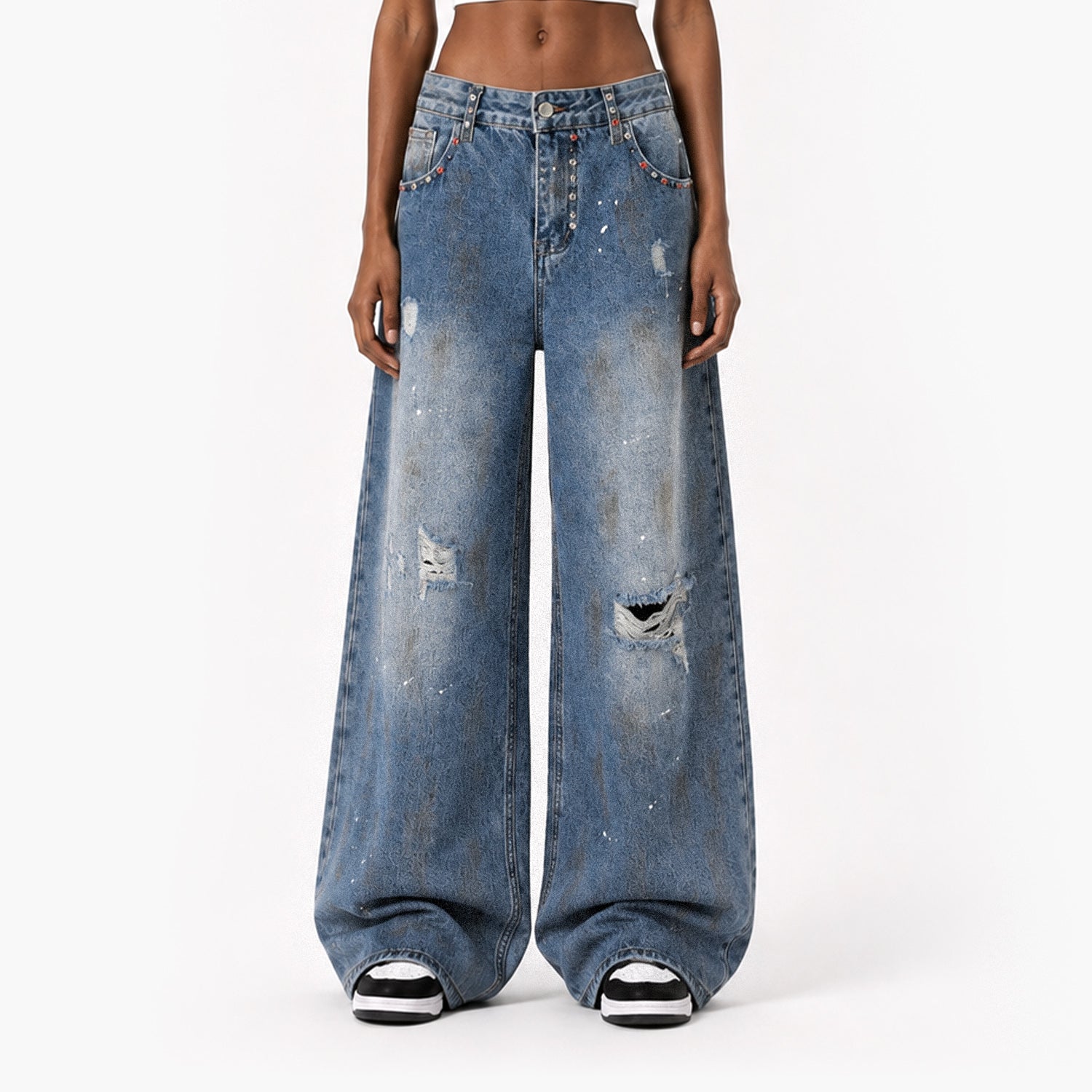 Vintage Paint-Splatter Wide-Leg Jeans