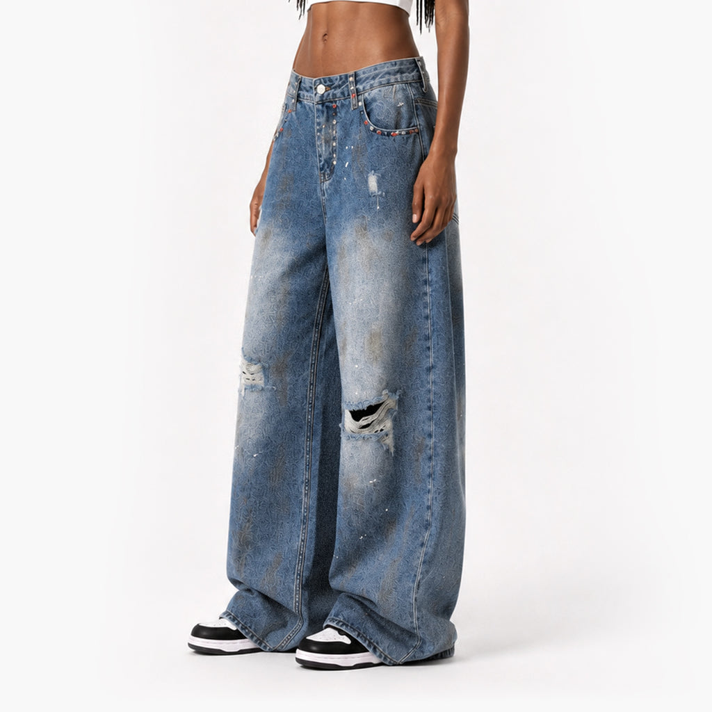 Vintage Paint-Splatter Wide-Leg Jeans