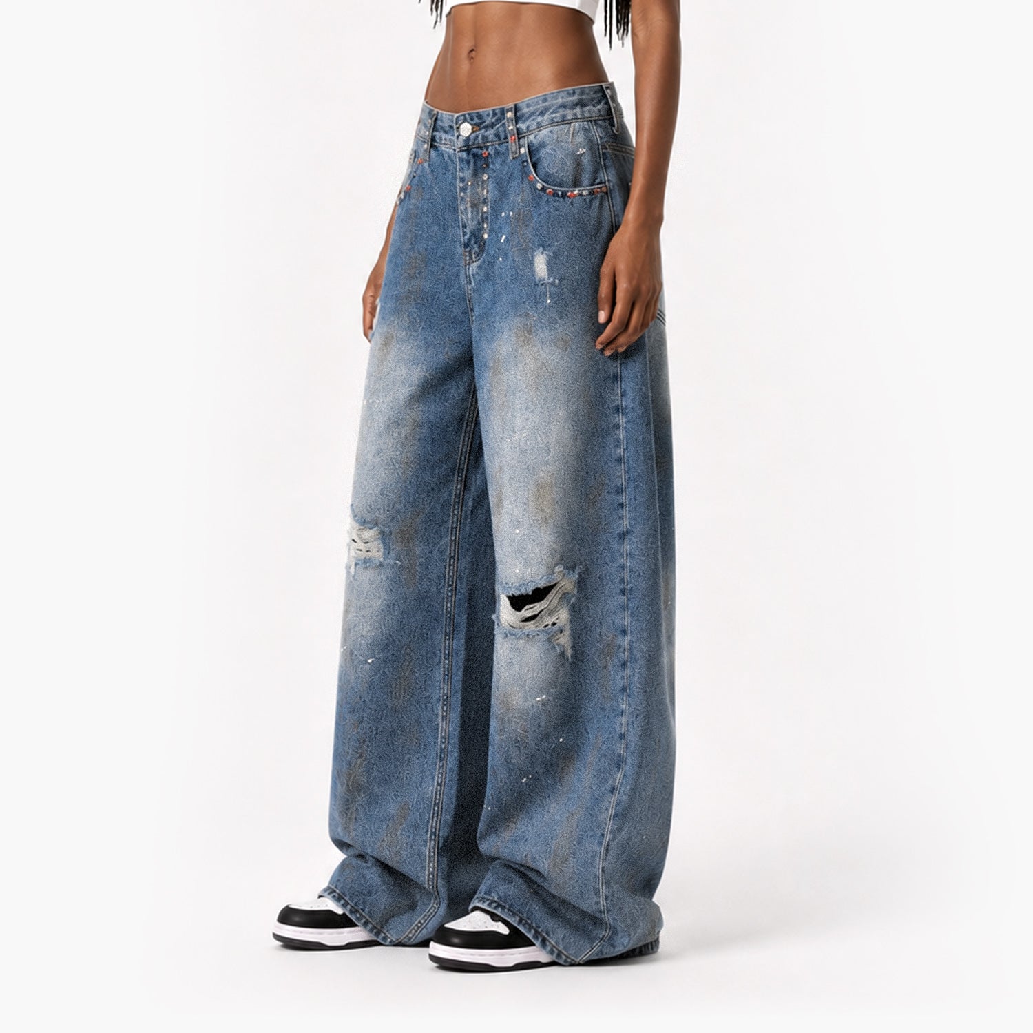 Vintage Paint-Splatter Wide-Leg Jeans